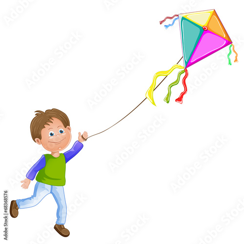 Cartoon kid playing with kite.