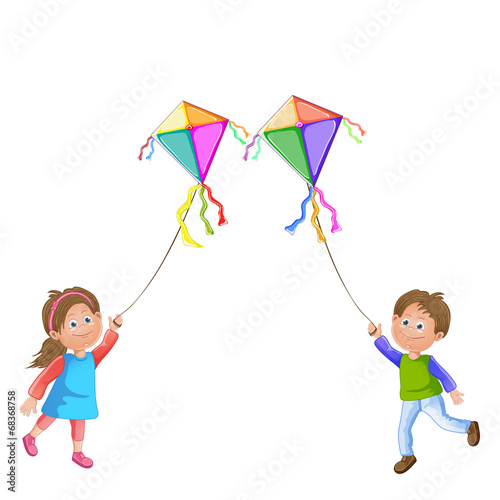 Cartoon kids playing with kite.