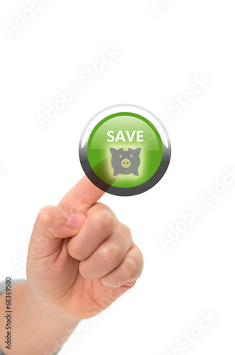 Online saving concept with hand pressing a virtual button
