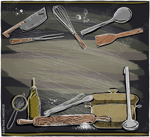 Design with kitchen utensils on a chalkboard.