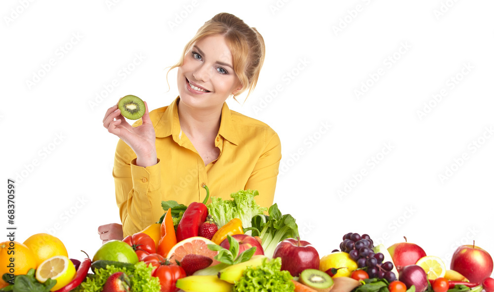 Young woman and groceries isolated on white Young woman and groceries isolated on white