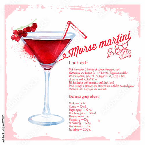 Сocktails morse martini. Menu drawn watercolor.