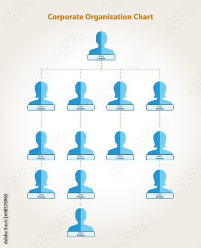 Corporate organization chart in blue and orange colors