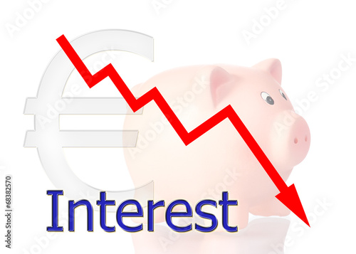 red diagram downwards interest with piggy bank euro symbol