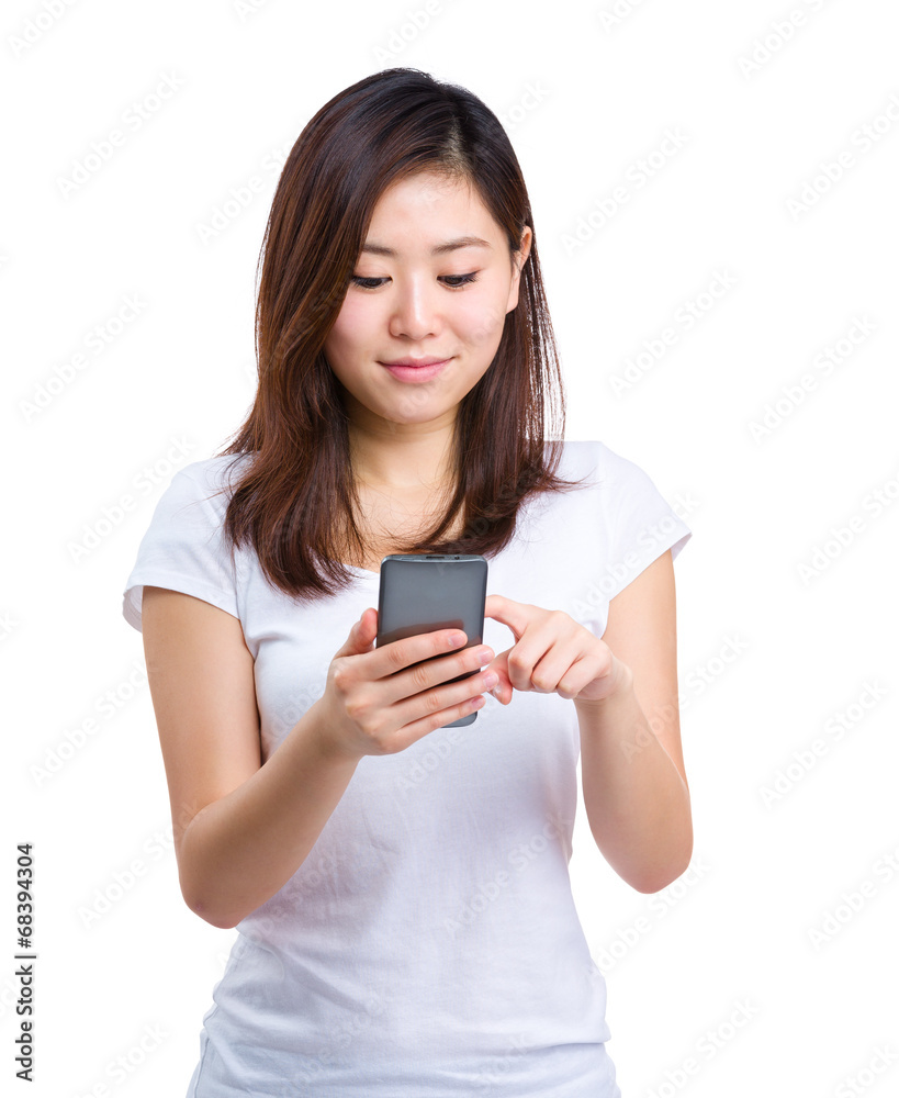 Asian woman read message on mobile phone Asian woman read message on mobile phone