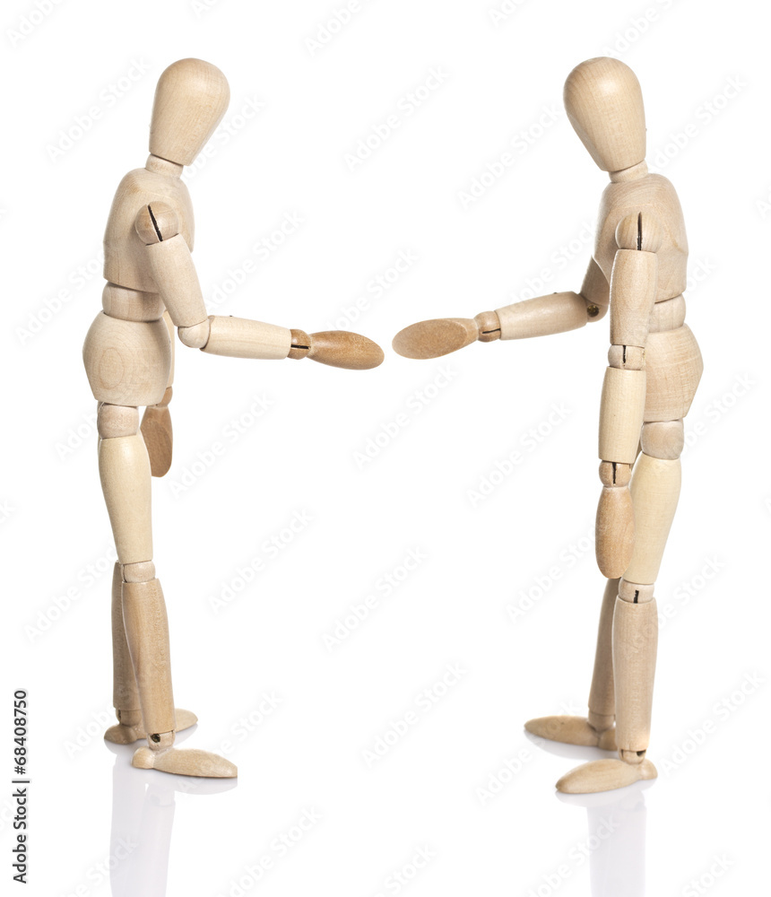 Wooden dummy isolated on white background. Meeting. Wooden dummy isolated on white background. Meeting.
