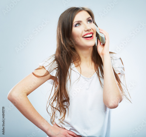 Isolated portrait of young woman phone call. Isolated beautiful