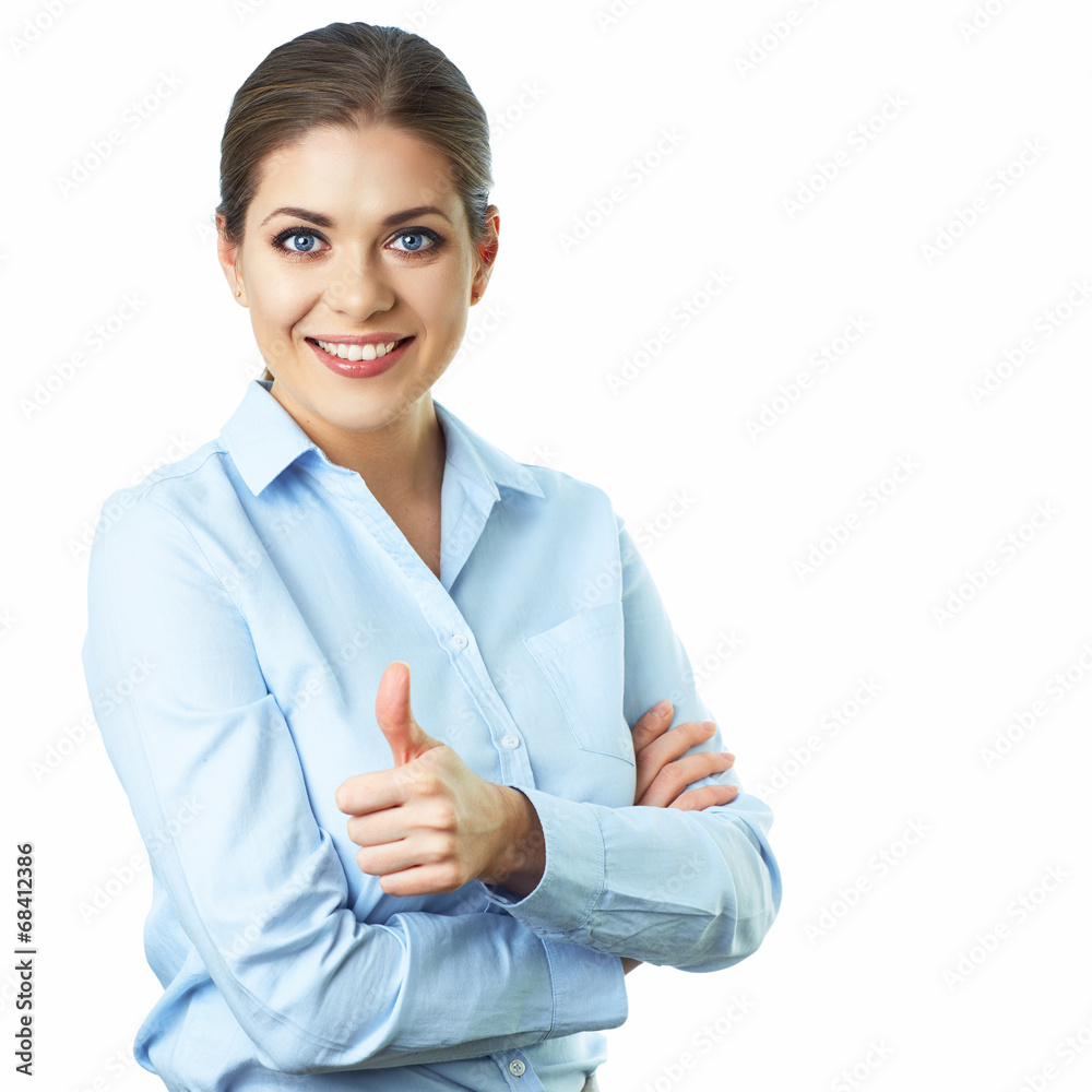 Business woman thumb up show white background isolated portrait Business woman thumb up show white background isolated portrait