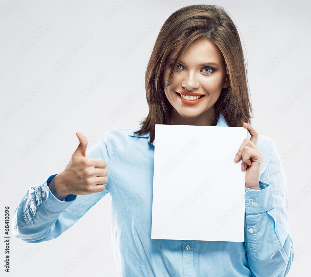Business woman show thumb up. holding white banee Business woman show thumb up. holding white banee