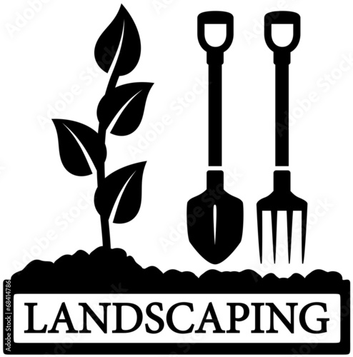 landscaping icon with sprout and gardening tools