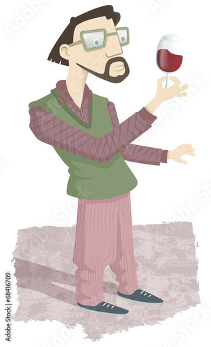 Sybarite man. A young man standing looking at a glass of wine