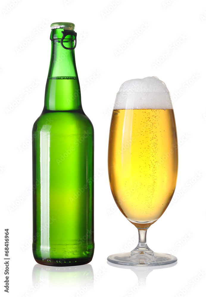 glass and bottle of beer on a white background glass and bottle of beer on a white background