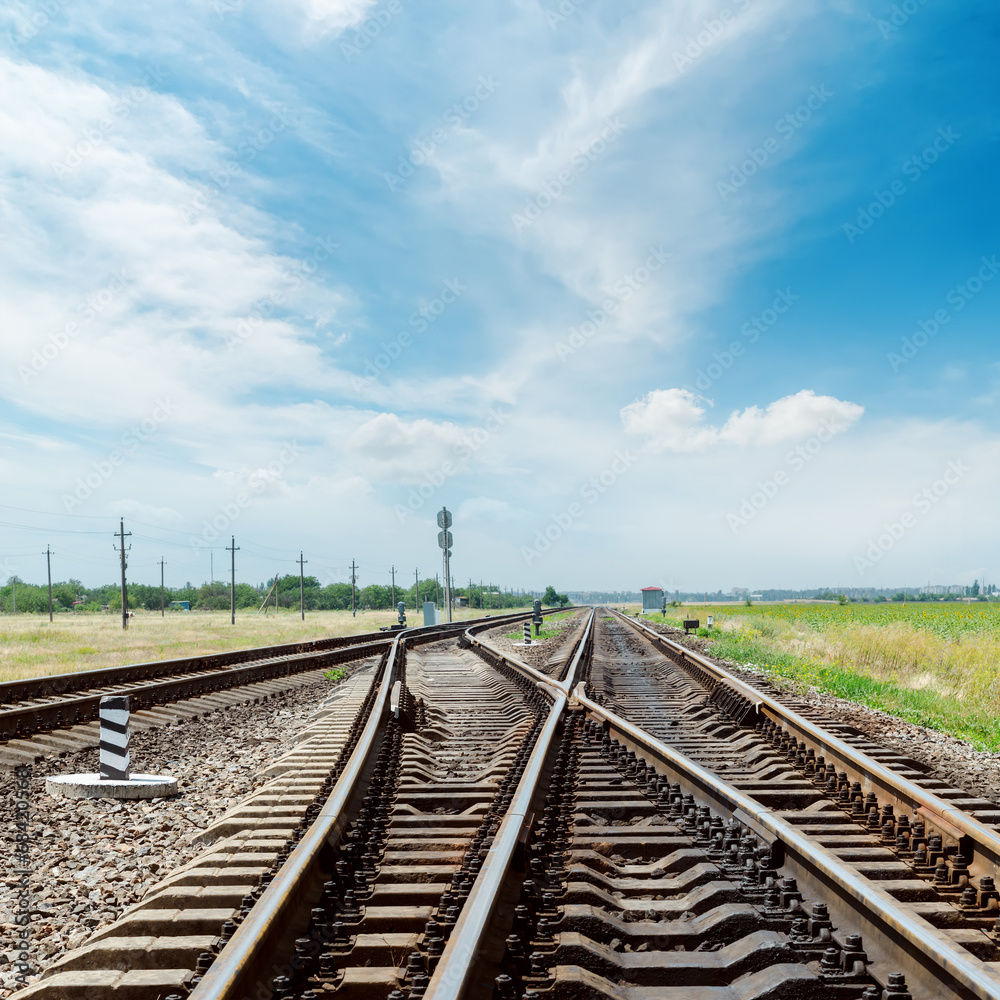 crossing of railroad under cloudy sky crossing of railroad under cloudy sky
