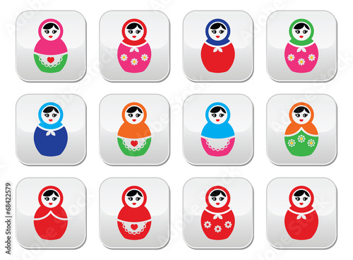 Russian doll, retro babushka vector colorful buttons set