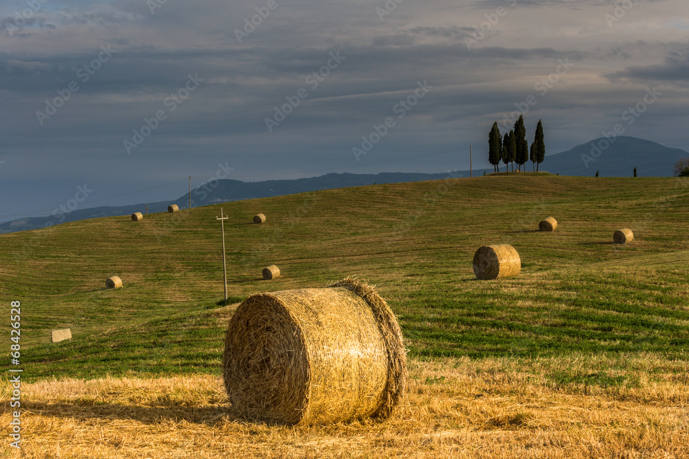 Tuscan landscape with hay bales