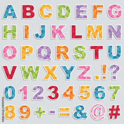 Alphabet stickers vector clip art bright color typography icons shiny red blue green yellow orange