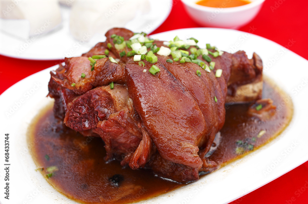 close up chinese pork steamed and sweet soup in white dish