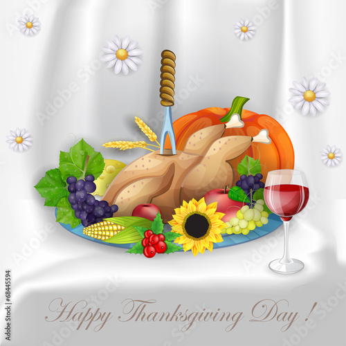 illustration of turkey, fruits and wine in Thanksgiving dinner