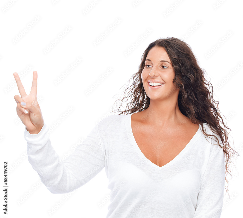 Closeup girl showing fingers isolated on white background Closeup girl showing fingers isolated on white background