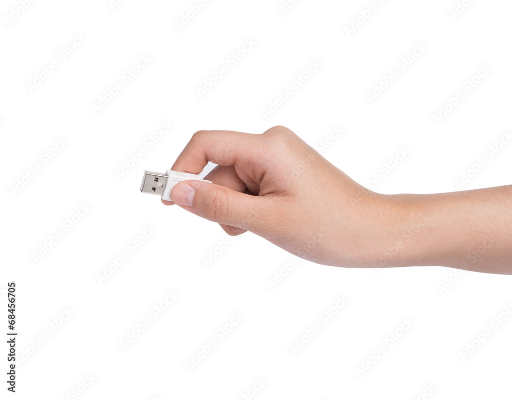 female hold USB cable in hand isolated on white female hold USB cable in hand isolated on white