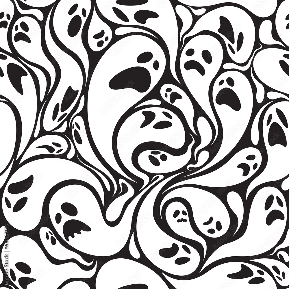 Naklejka premium Ghosts seamless pattern in black and white