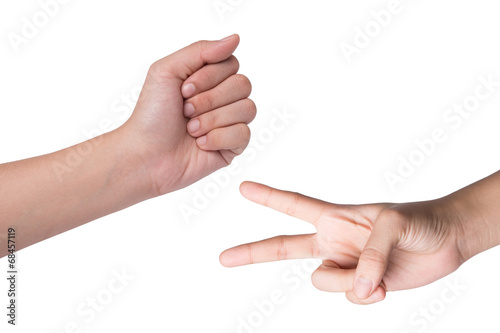 Female hand  isolated on white , roshambo sign photo