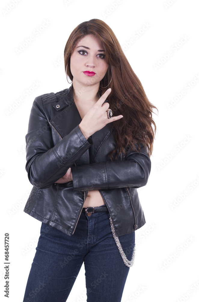 Attractive hispanic red haired girl wearing leather jacket Attractive hispanic red haired girl wearing leather jacket