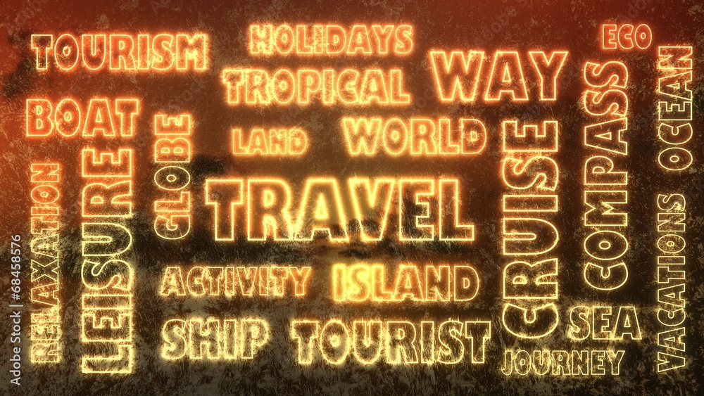 travel neon shine text and relative tags cloud