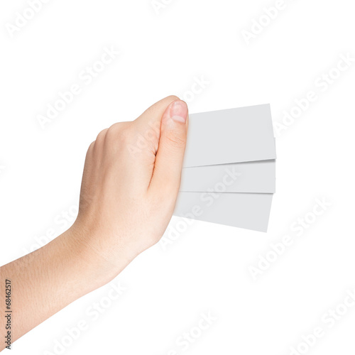 Woman hand hold coupon card isolated on white.