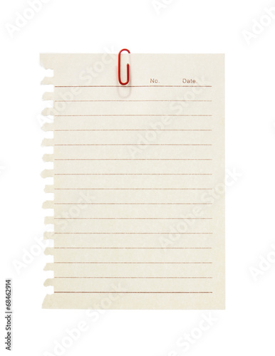 Paper note ripped off from the notebook with red clip isolated o