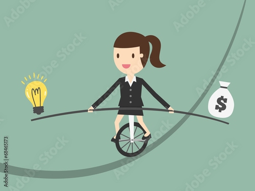 Business woman balancing on the rope with ideas and money