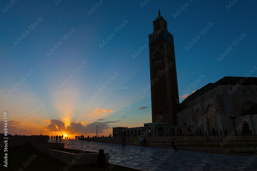 Silhouette of Hassan II Mosque in Casablanca at sunset, Morocco