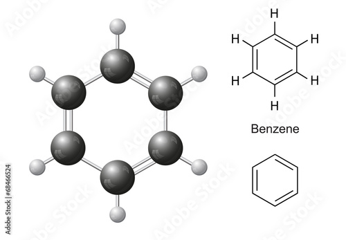 Structural chemical formulas and model of benzene molecule photo