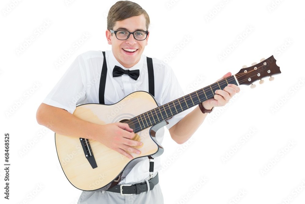 Fototapeta premium Geeky hipster playing guitar and singing