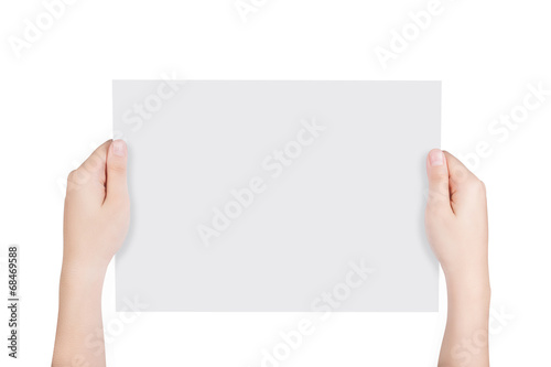 Woman hands holding blank paper.