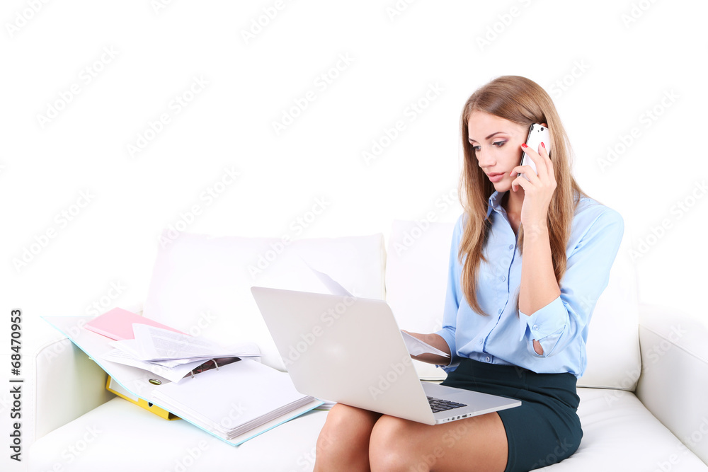 Business woman with documents and laptop at home Business woman with documents and laptop at home