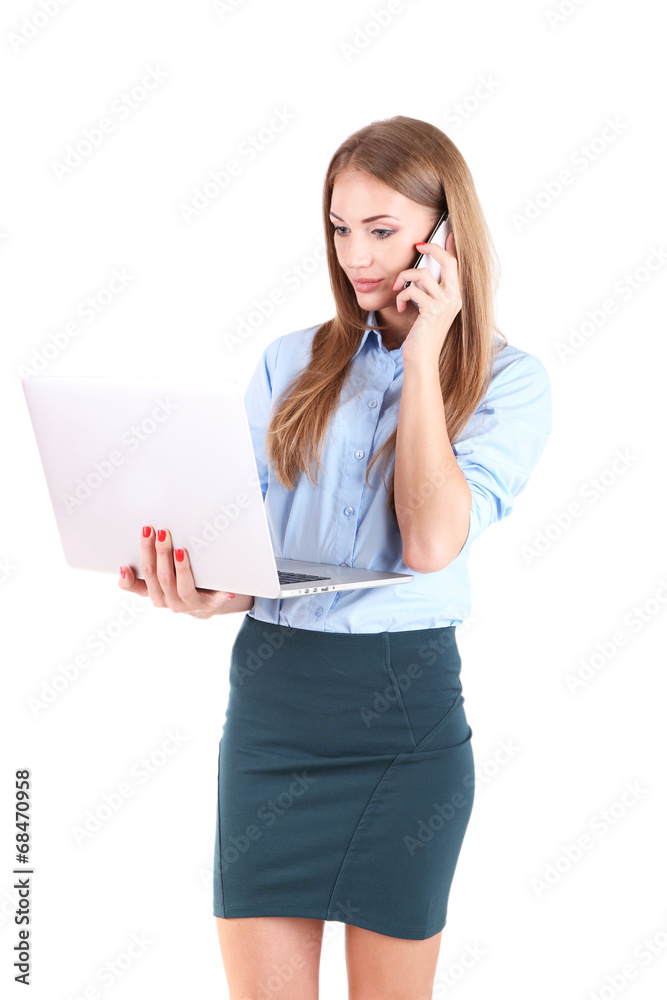Business woman with mobile phone and laptop, isolated on white Business woman with mobile phone and laptop, isolated on white