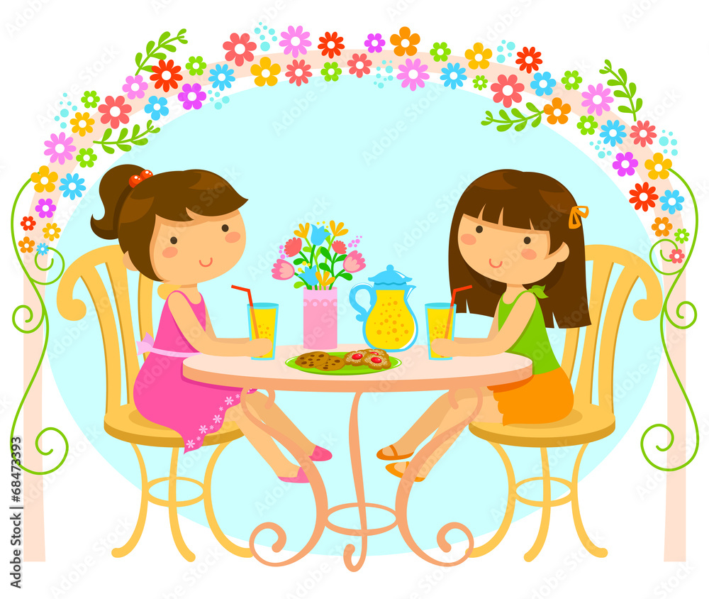 girls drinking juice under an arch of flowers girls drinking juice under an arch of flowers
