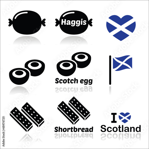 Scottish food - Haggis, Scotch egg, Shortbread icons set