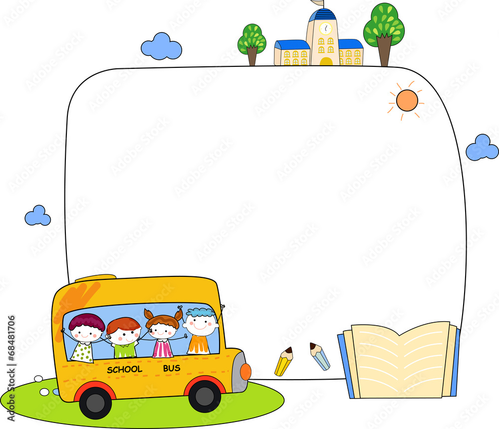 Cute cartoon kids and school bus frame Stock Vector | Adobe Stock