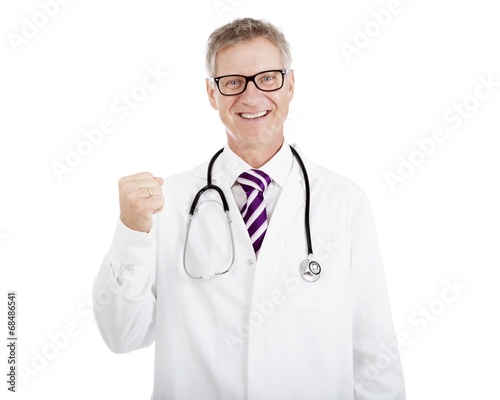Smiling Doctor Showing Successful Closed-Fist Hand