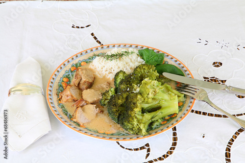 Schweinefilet mit Reis und Broccoli photo