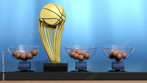 Golden ball trophy and lottery baskets with basketball balls.