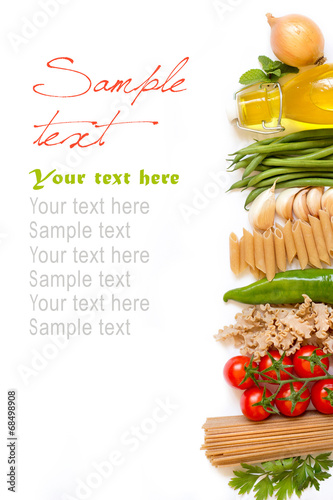 Italian Pasta with tomatoes, green beans, onion, garlic, herbs a photo