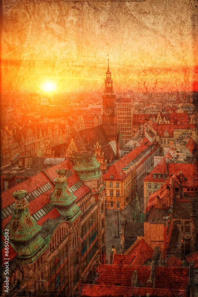 Obraz premium Widok na stare miasto w stylu retro Wrocław, Polska.