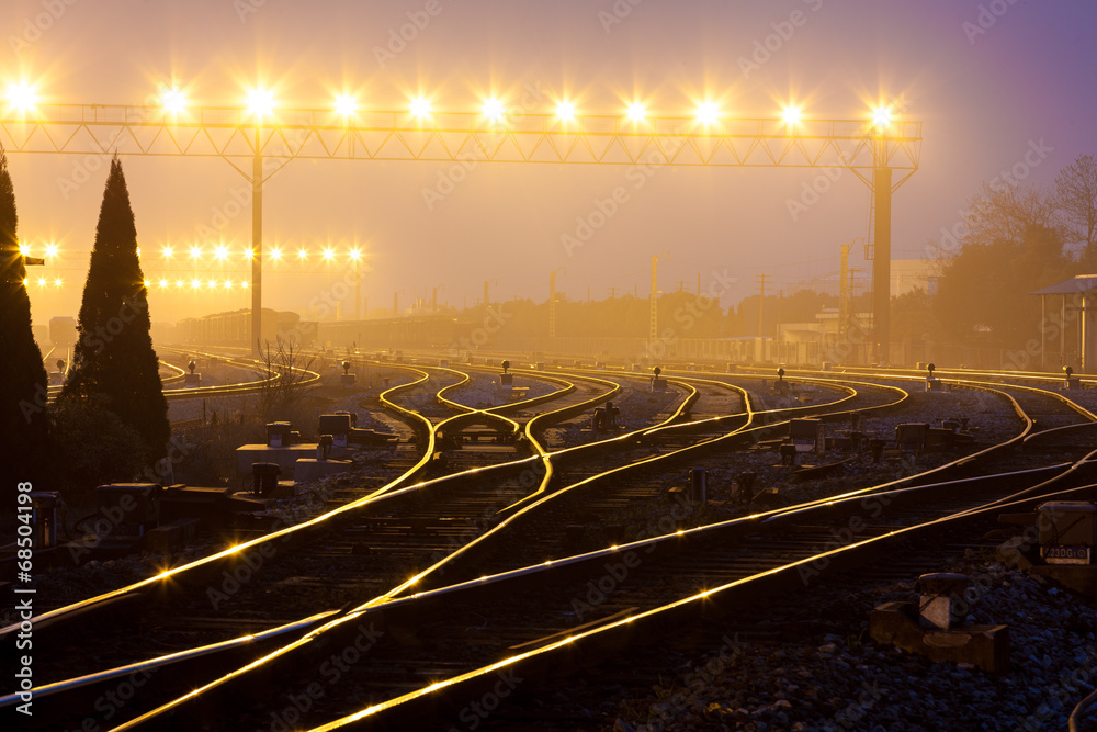 Cargo train platform at sunset with container Cargo train platform at sunset with container