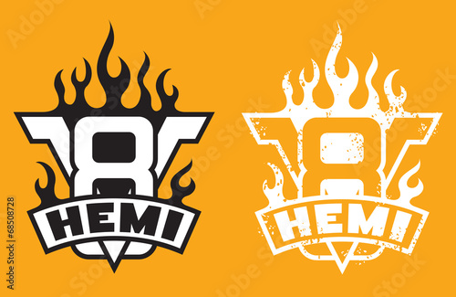 V8 Hemi engine emblem with flames and grunge option
