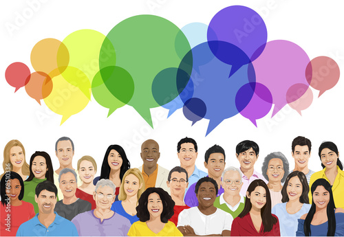 Vector of Multiethnic Cheerful People with Speech Bubble