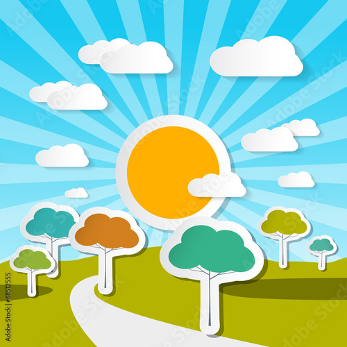 Rural Vector Landscape Nature Illustration with Paper Trees