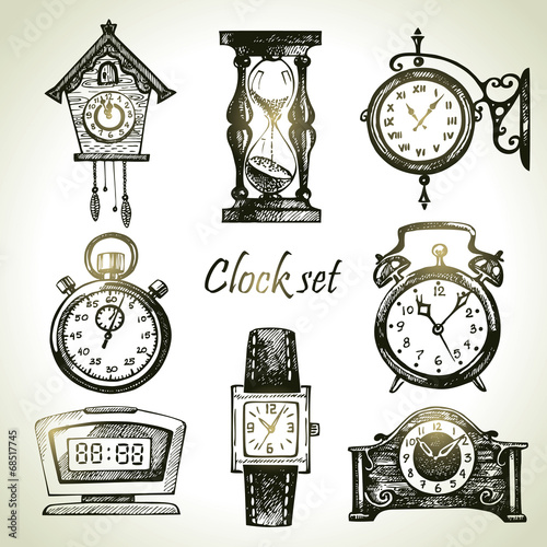 Hand drawn set of clocks and watches